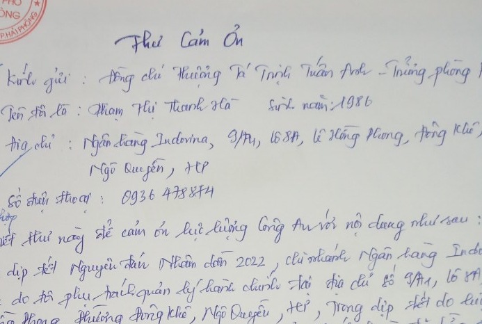 Chi nhánh Ngân hàng Indovina: Gửi thư cảm ơn Đội Cảnh sát Trật tự, Phòng Cảnh sát QLHC về TTXH